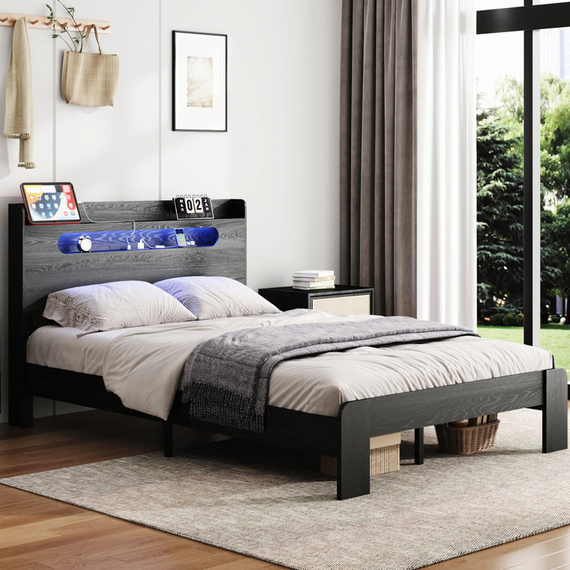 Très grande base de lit plateforme avec rangement, tête de lit à DEL et 2, soutien solide, sans sommier, assemblage rapide, assemblage noir,