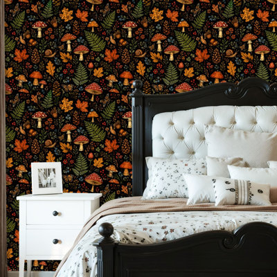 Peel and Stick Wallpaper Contact Paper Seamless mushrooms plants insects berries chanterelles white mushroom Self Adhesive and Removable 24in x 118in(60x300cm)