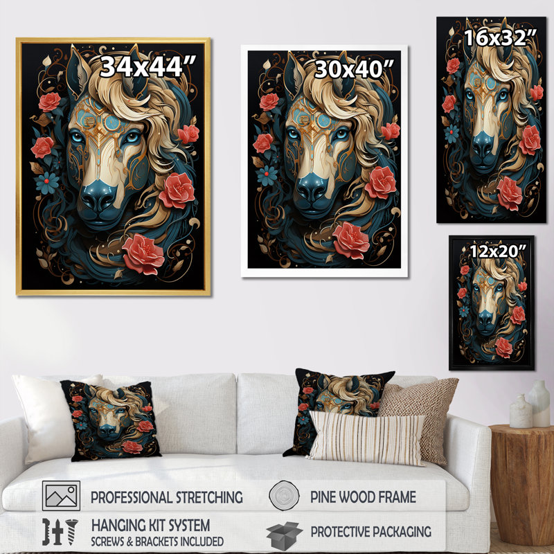 Portrait rétro d'un cheval blanc avec des roses rouges sur toile, Toile tendue, 32" H x 24" W