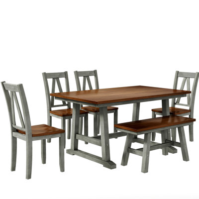 6-Piece Wood Dining Table Set Kitchen Table Set with Long Bench and 4 Dining Chairs, Farmhouse Style