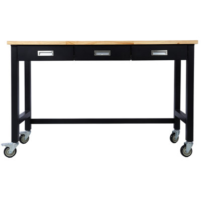 Banc de travail 60 po, banc de travail avec rangement de tiroir, table de travail en bois de bambou robuste avec roulettes pour le bureau à domicile