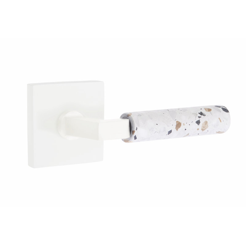 Select Round Privacy (Bed & Bath) Door Lever with Square Rosette, Matte White/Light Terrazzo, Universal/Reversible