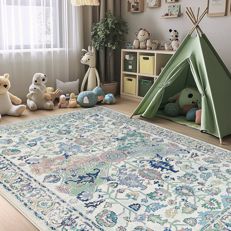 8X10 Machine Washable Non-Slip Vintage Retro Area Rug - Low Pile Lightweight Mat For Living Room, Bedroom, Dining Room, Indoor Home Office, Dormitory - Carpet Room Decor, Green