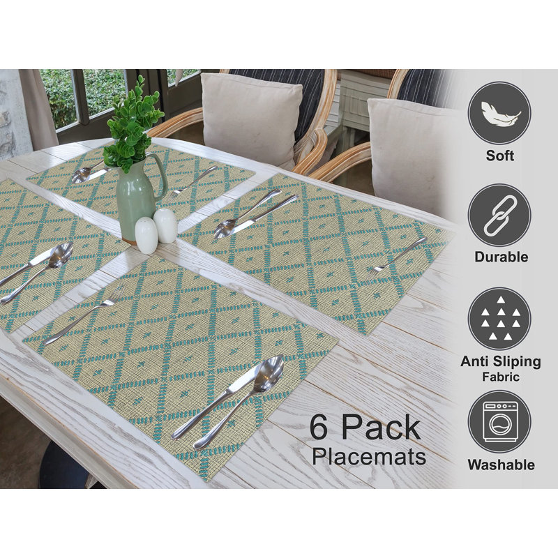 Ruvanti Beige and Blue Cotton Rectangle Placemats Set of 6