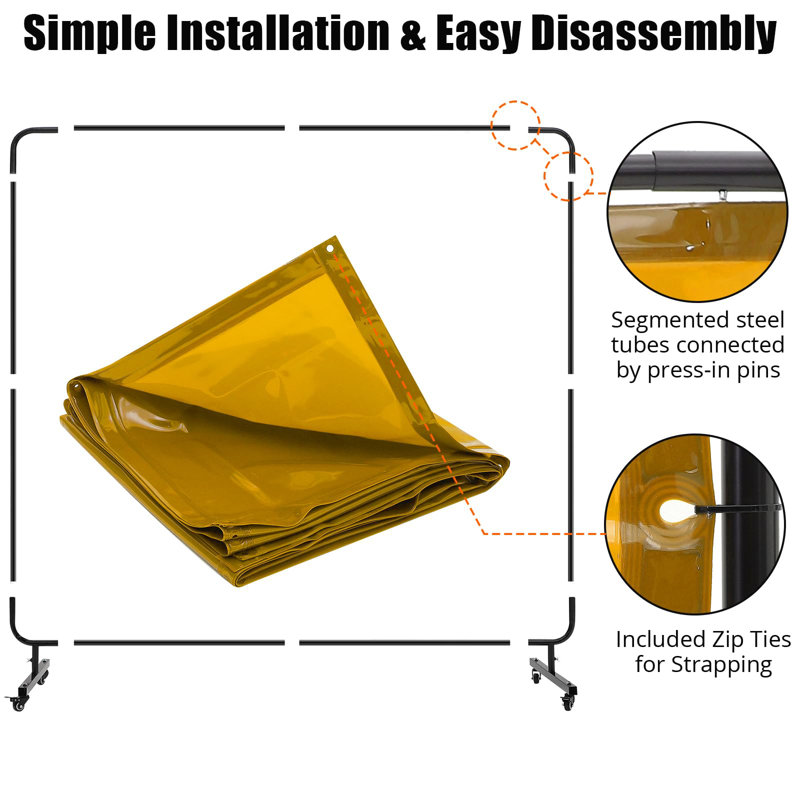 Écran de soudage en vinyle ignifugé à 3 panneaux (2,44 m x 1,83 m) avec cadre, avec roulettes pivotantes verrouillables, panneau transparent pour une sécurité optimale lors du soudage, jaune.