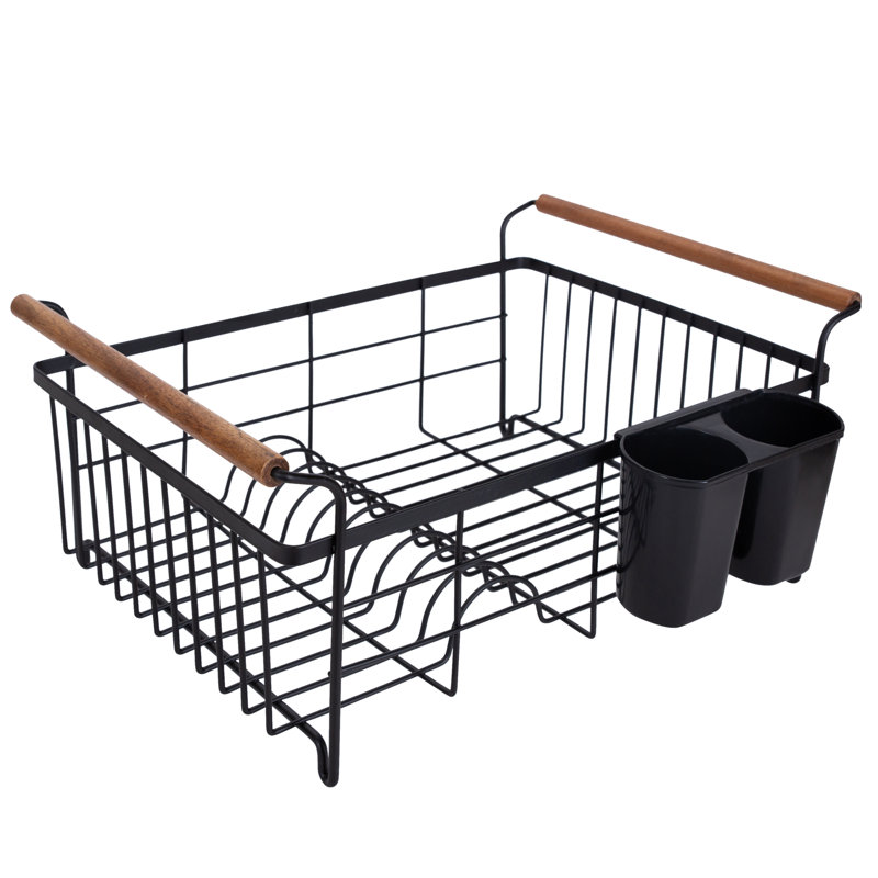 Acacia Wood and Black Metal Dish Drying Rack with Utensil Cup