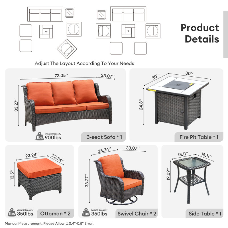 7 Piece Rattan Sofa Seating Group with Fire Pit and Cushions, Brown, Orange Red