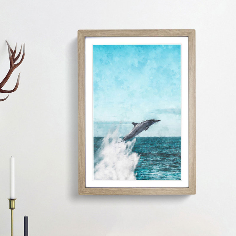 Jumping Dolphin - Single Picture Frame Painting on MDF, 33cm H x 24cm W x 2cm D, Oak Framed