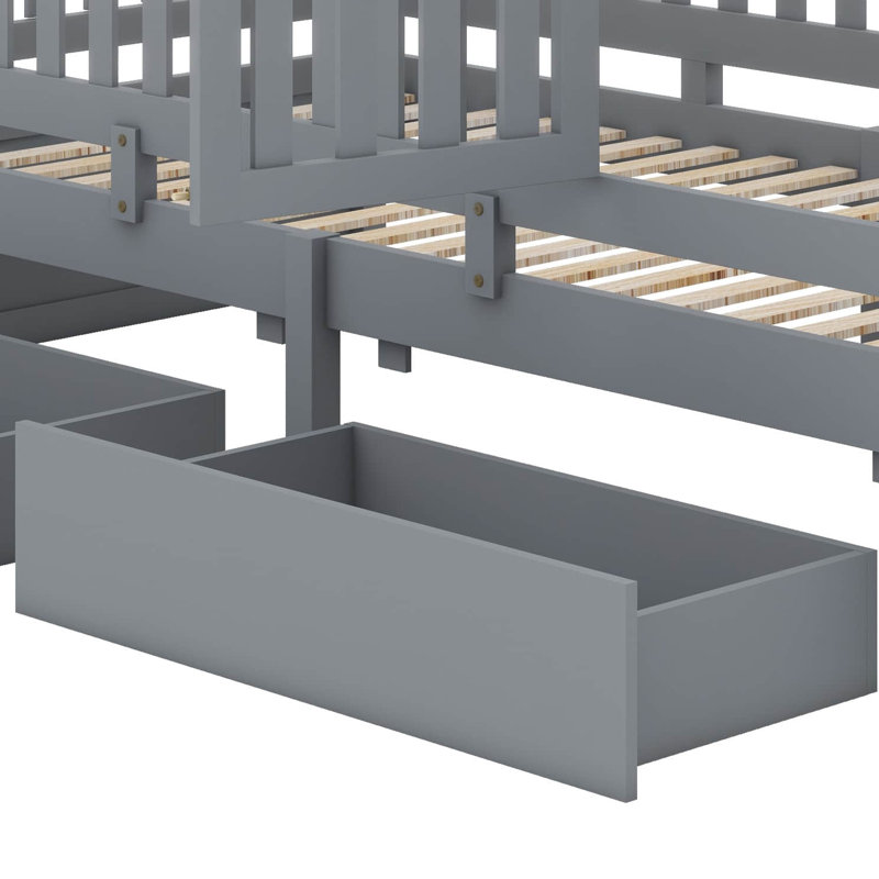 A Wooden Twin-Sized Daybed With Fence-Style Guardrails And Two Integrated Drawers, Twin, Grey