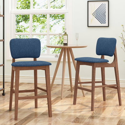 Chaise de bar Mid-Century moderne de 2 personnes - bleu foncé, bois d'hévéa, pieds fuselés, revêtement bleu, style élégant