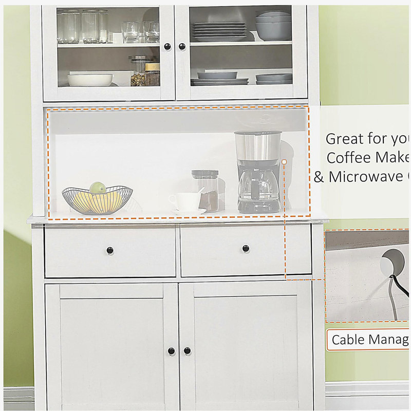 Buffet de cuisine 63,5 "avec bibliothèque, armoire de rangement avec 4 tablettes, tiroirs, porte vitrée encadrée, comptoir ouvert pour micro-ondes, blanc rétro