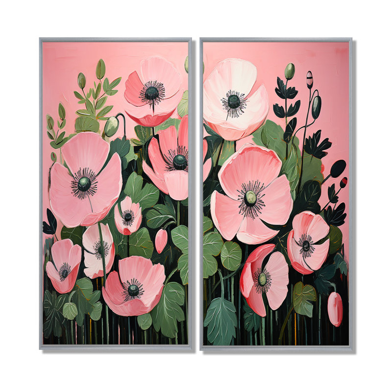 Minimalisme rose et vert coquelicots - Art mural traditionnel, 20" H x 24" W, Impression encadrée flottante, Silver