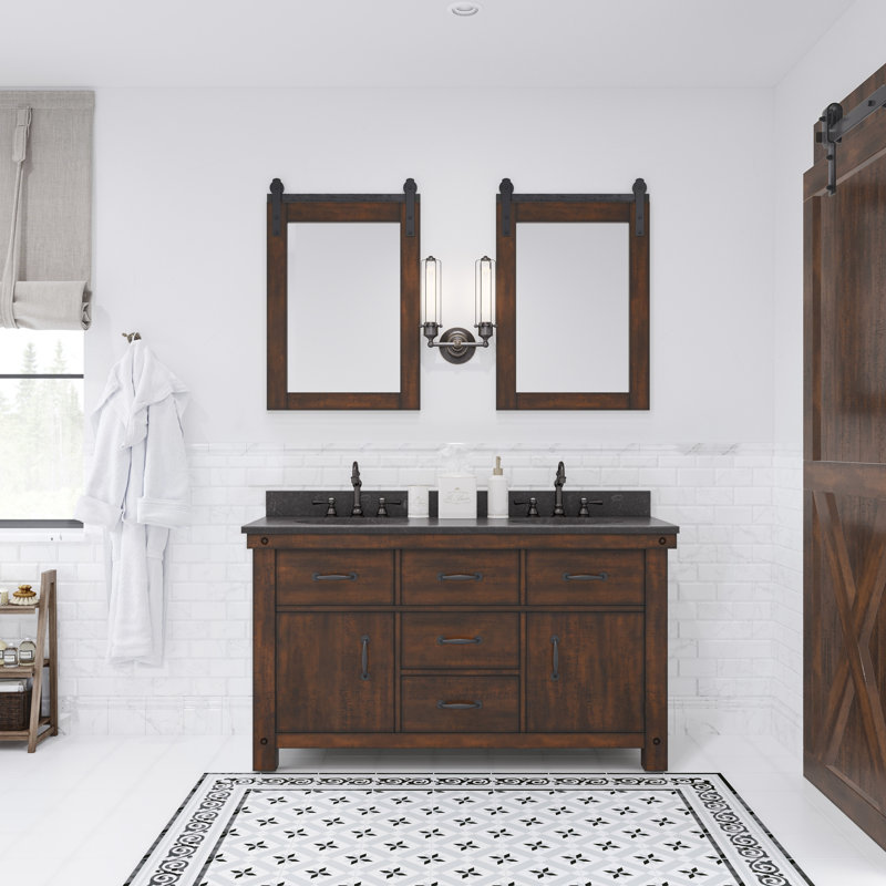 Aberdeen 60 In. Double Sink Carrara White Marble Countertop Vanity In Grizzle Gray With Mirrors, Carrara White, Rustic Sierra