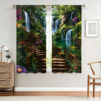 2 pièces de rideaux d'escalier à cascade tropicale, verdure luxuriante et fleurs éclatantes, impression de paysage naturel, protection de la vie privée filtrant la lumière, conception à passe-tringle pour le salon, la chambre à coucher, le balcon, la cuisine