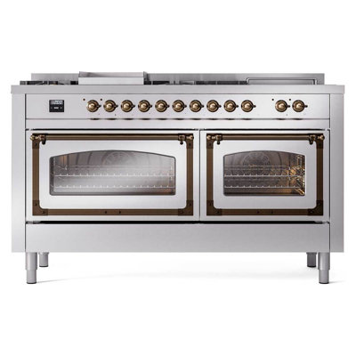Cuisinière à double combustible de 60 po avec 7 brûleurs scellés, plaque chauffante et porte française (porte vitrée) ILVE Nostalgie II Series Noblesse
