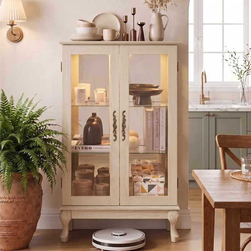  44" Lighted Curio Cabinet, 3-Tier Glass Display Cabinet with Glass Doors & Adjustable Shelves, Acrylic Back Panel, Light Blub Included, Vintage China Cabinet for Living Room, Kitchen