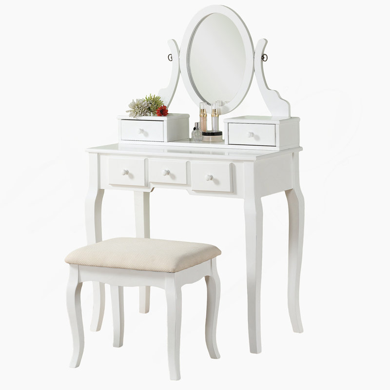 Ensemble coiffeuse et tabouret en bois, Blanc