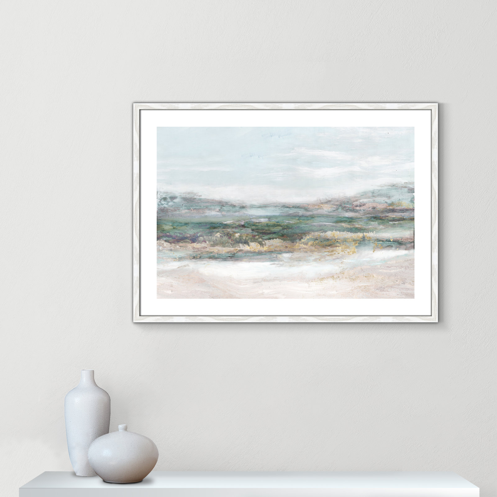 Lori "Dazzling" Painting by Matina Theodosiou, 25.5" H x 35.5" W x 0.75" D, White Wood Grain Framed Paper, White