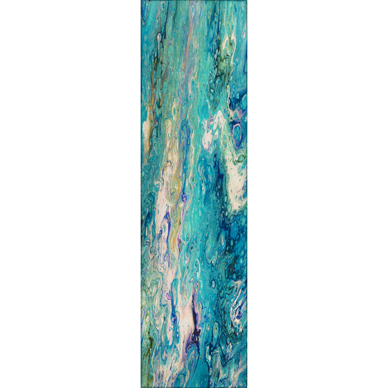 Tapis bleu abstrait tissé à la machine, Tapis de couloir 2 pi 3 po x 7 pi 6 po