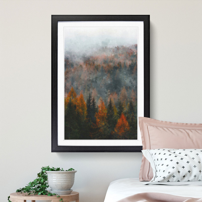 Misty Forest in the Autumn - Picture Frame Painting Print, 45cm H x 33cm W x 2cm D, Black Framed
