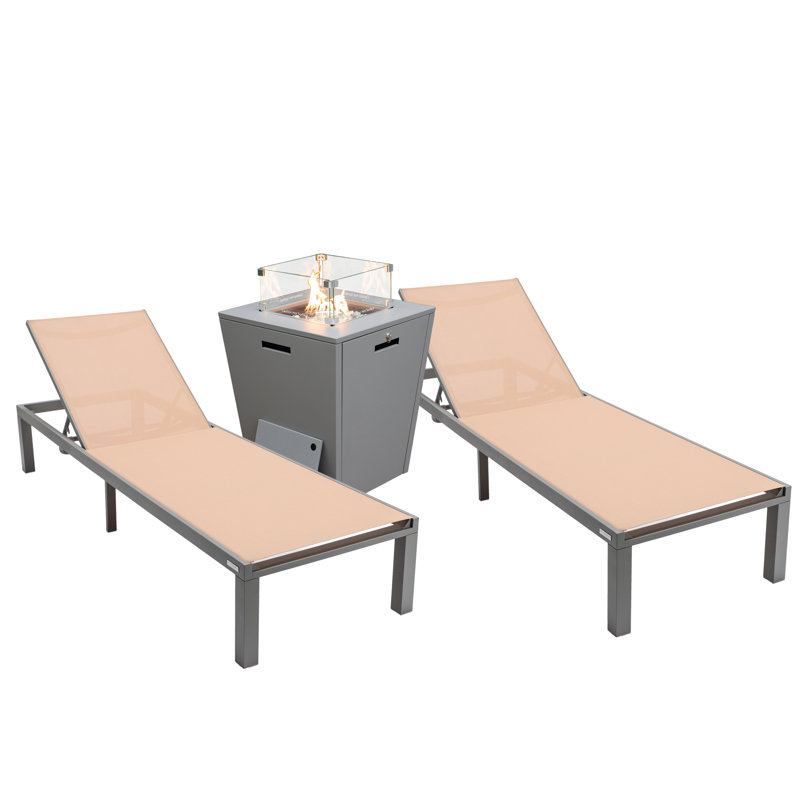 Dueitt Outdoor Aluminum Chaise Lounge Chair with Fire Pit Side Table, Light Brown, Gray