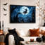 «Witch on Broomstick Over Gothic City Under Full Halloween», art mural sur toile-1388779933