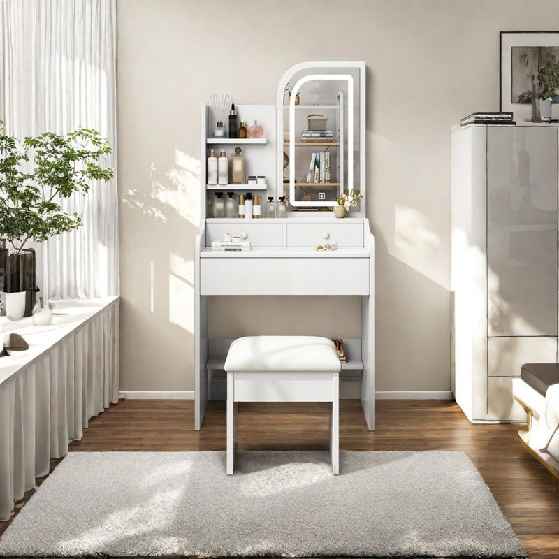 Bureau de coiffeuse avec miroir et lumières, coiffeuse avec 3 tiroirs et fauteuil