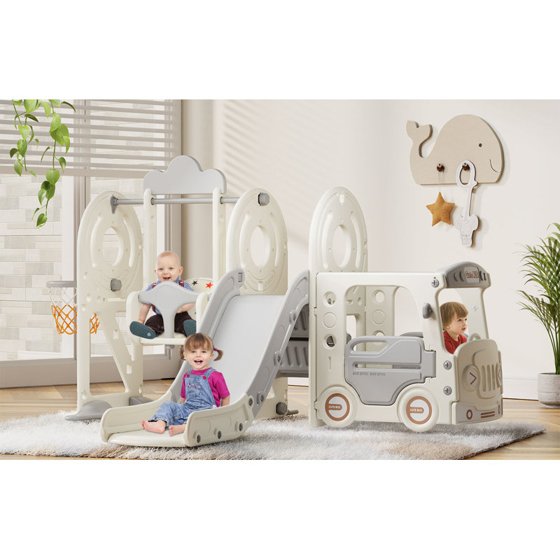 Beige and Gray 5-in-1 Toddler Slide and Swing Set