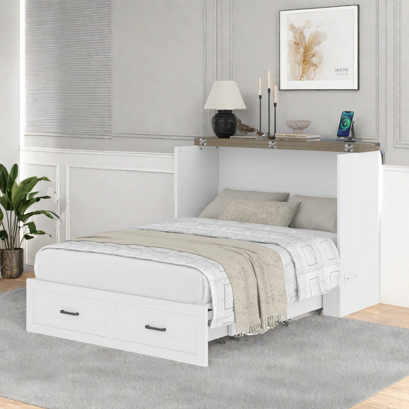 Multi-functional Foldable Murphy Bed  With Charging Station And 1 Large Storage Drawer, White, Full