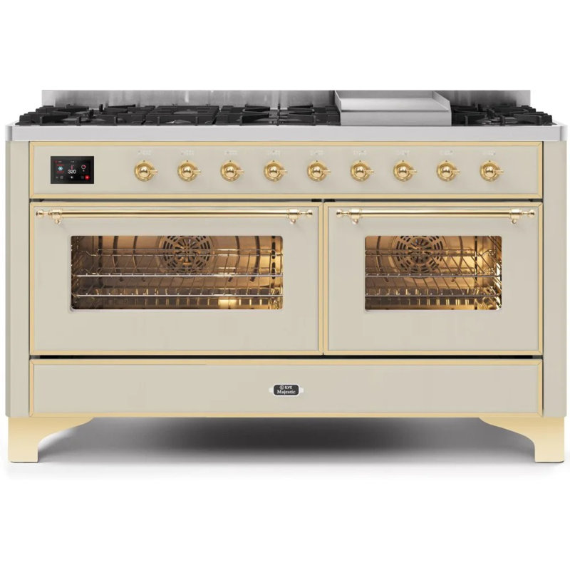 ILVE UM15FDNS3BGG Majestic II 60 inch Dual Fuel Range with 9 Burners, Griddle (Natural Gas, Triple Glass Door, Blue Grey, Brass)