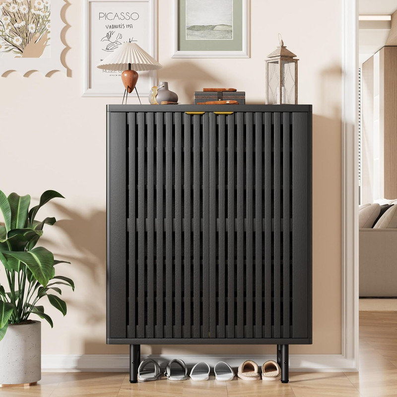 Narrow 6-Tier Shoe Cabinet with Shutter Doors, Farmhouse Shoe Storage Organizer for Entryway, Black