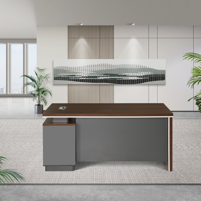 Murwah Walnut-Coloured Office Computer Desk with Cabinet on the Right Side