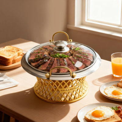 Réchaud de 9,45 po rond en or avec couvercle en verre, alliage d'aluminium et réchaud en acier inoxydable pour buffet et fête