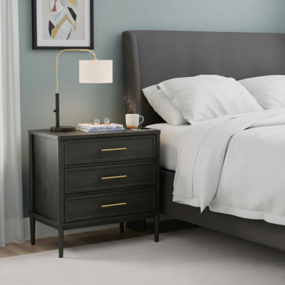 Table de chevet deux tiroirs à deux tiroirs gris anthracite avec port USB intégré pour une recharge pratique. Conception moderne et minimaliste convenant à différents types de chambre à coucher. Rangement et chargement dans un emballage pratique.