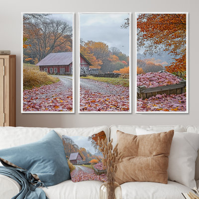 «Red Farm Landscape Autumn Harvest - Ensemble de salon d'art mural de ferme