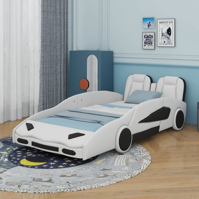 Twin Race Car-Shaped Platform Bed With Wheels, White