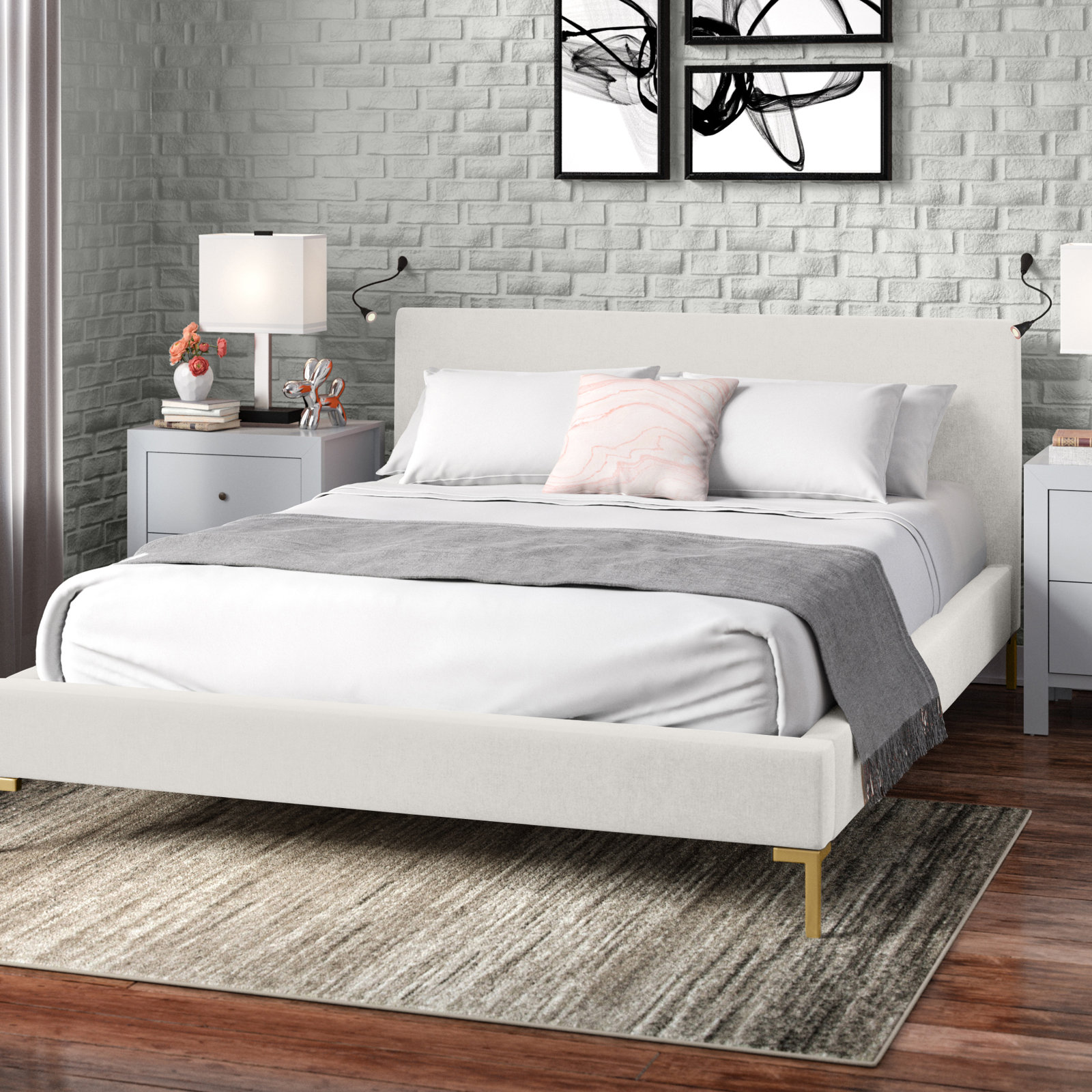 Rand Upholstered Bed, King, Zuma Charcoal Textured Linen, Black Wood