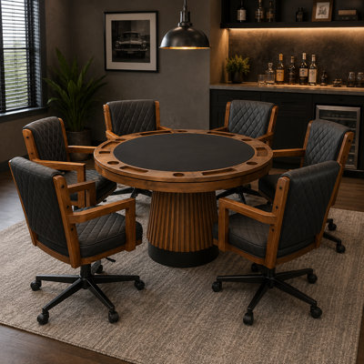 Prohibition Series 48" 2 In 1 Poker Table - Walnut With 6 Prohibition Swivel Game Chair-walnut By Ram Game Room