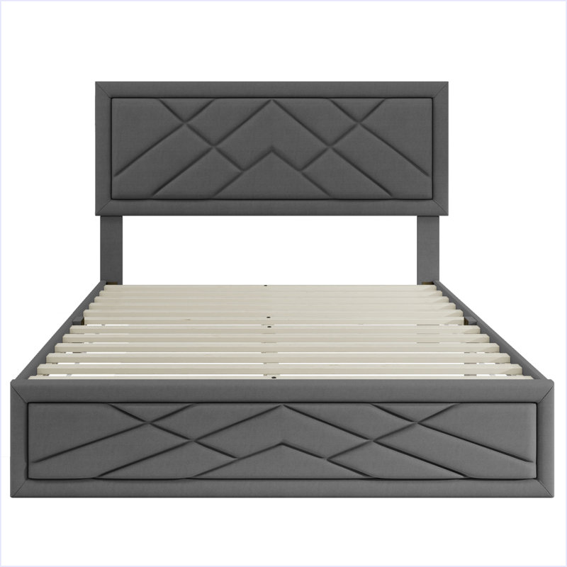 Structure de grand lit avec tête de lit et rangement, Gris