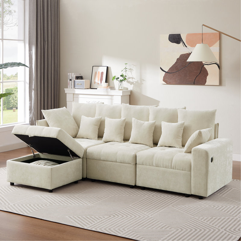 Canapé modulaire rembourré 4 pièces Euphemiah, Chenille beige