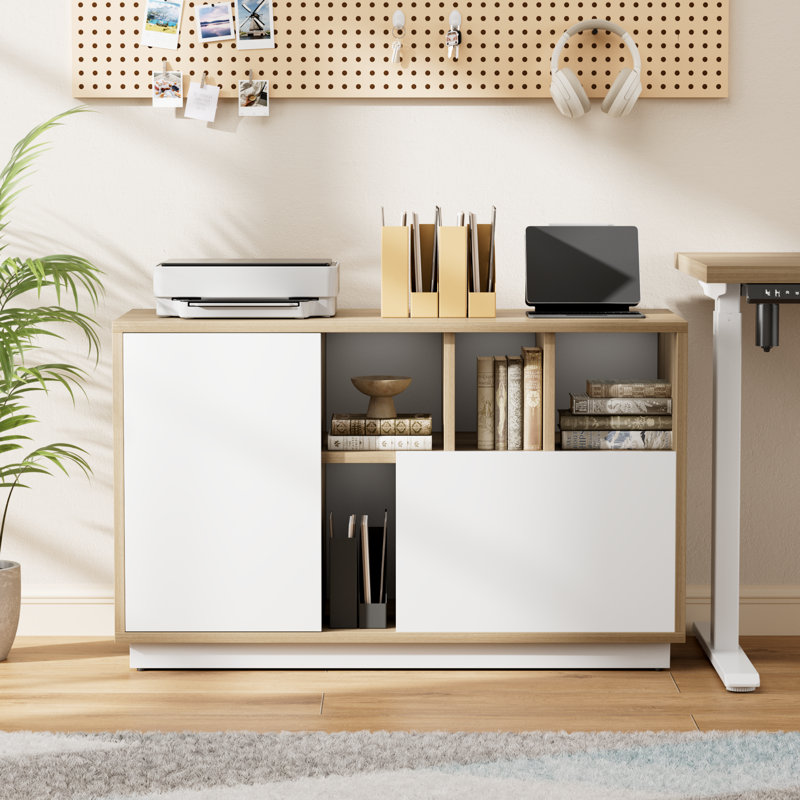 Crain 39"W - Modern Storage Cabinet With Nested Hidden Drawers, Adjustable Shelves And Open Storage For Home Office