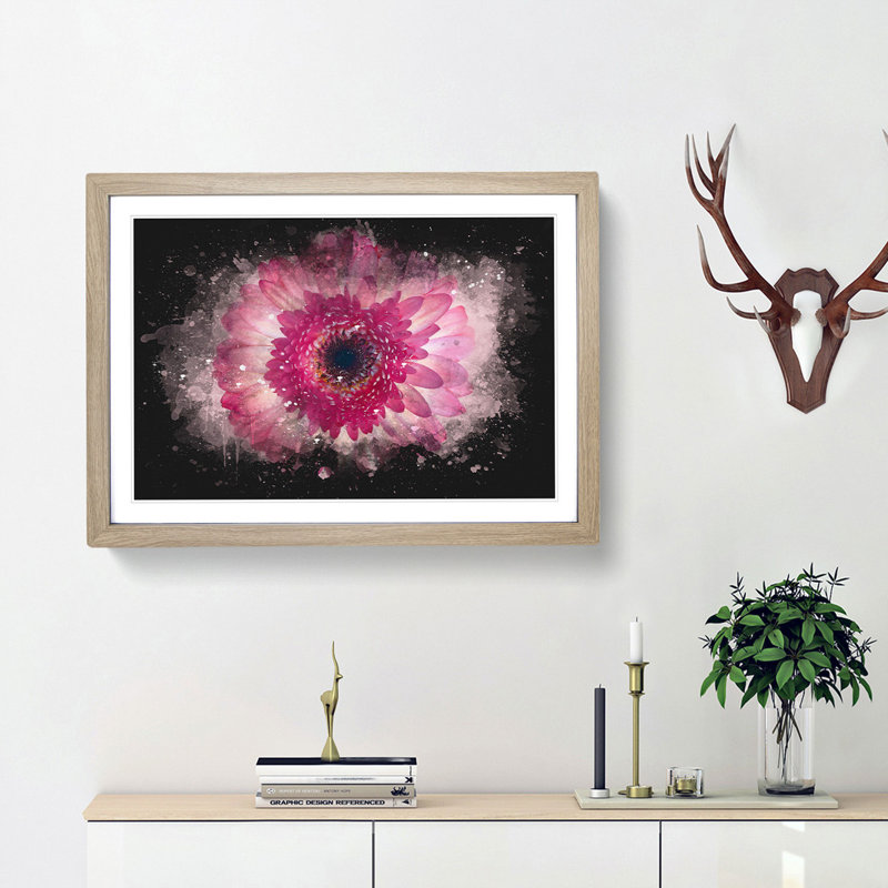 Layers Of A Pink Gerbera Paint Splash - Picture Frame Graphic Art, 33cm H x 45cm W x 2cm D, Oak Framed