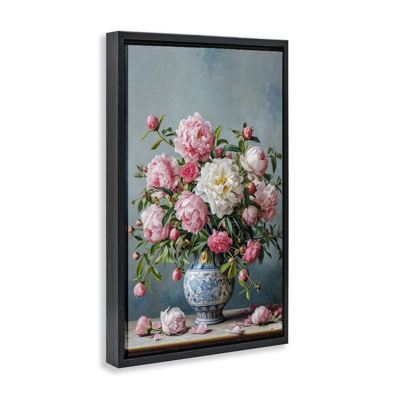 Toile flottante avec pivoines par Roozbeh Bahramali, H 25 po x l 17 po, Cadre flottant noir de jais