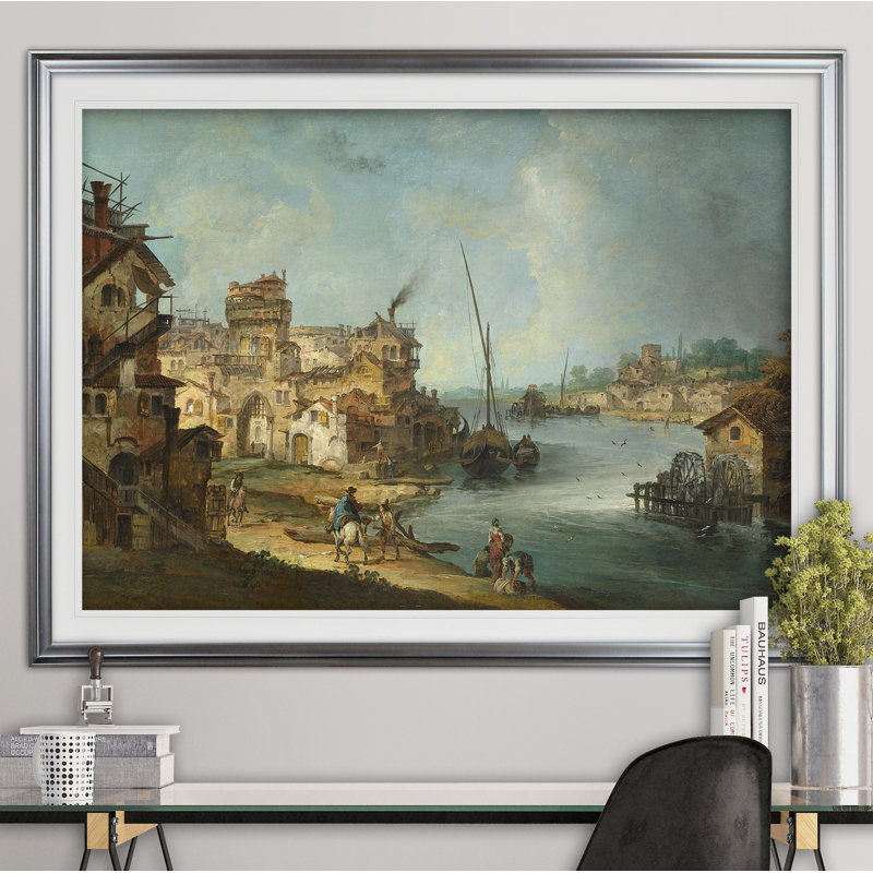 « figures near a river », impression, Cadre argenté, H 31 po x l 43 po x P 1,5 po