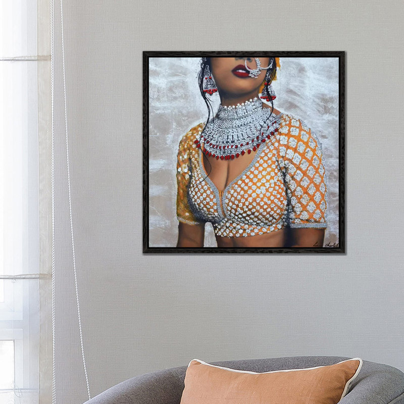 Indian Couture I (Silver) by Linda Charles - Painting on Canvas, 66.04cm H x 66.04cm W x 3.81cm D, Black Floater Framed