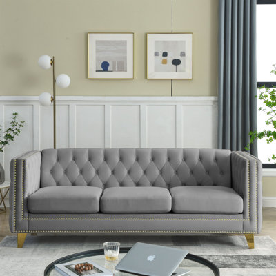 Modern Sofa Velvet Sofa For Living Room,Buttons Tufted Square Arm Couch, Couch Upholstered Button And Metal Legs, Sofa Couch