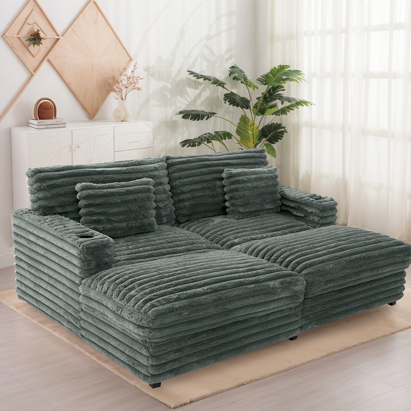 83.5" Plush Sofa Bed Chaise Lounge With Faux Rabbit Fur, USB Charging Ports, Cup Holders & Lumbar Pillows - Cozy Sleeper Couch