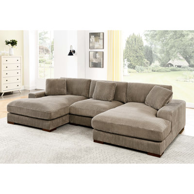 Double Chaise Sectional With Large Seating, Corduroy Material, 3 Seats, Camel Colour, Toss Pillows For Added Cushion, Adjustable Support, Easy - To Install Upholstered Coloured, Comfort Bringing,