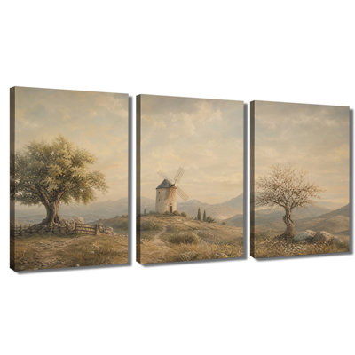 Canvas Wall Art Vintage European Countryside Windmill Mountain Rural Landscape Oil Painting Wall Decor
