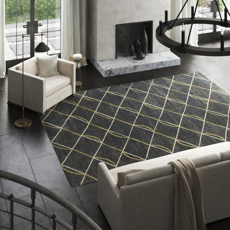 Archloop Geometric Area Rug in Gray/White/Yellow, Rectangle 9' x 12'